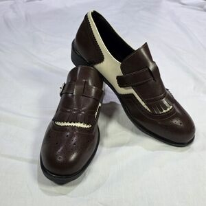 British Broque Brown and Cream Oxford Shoes w/Fringe and Buckle Strap. 42